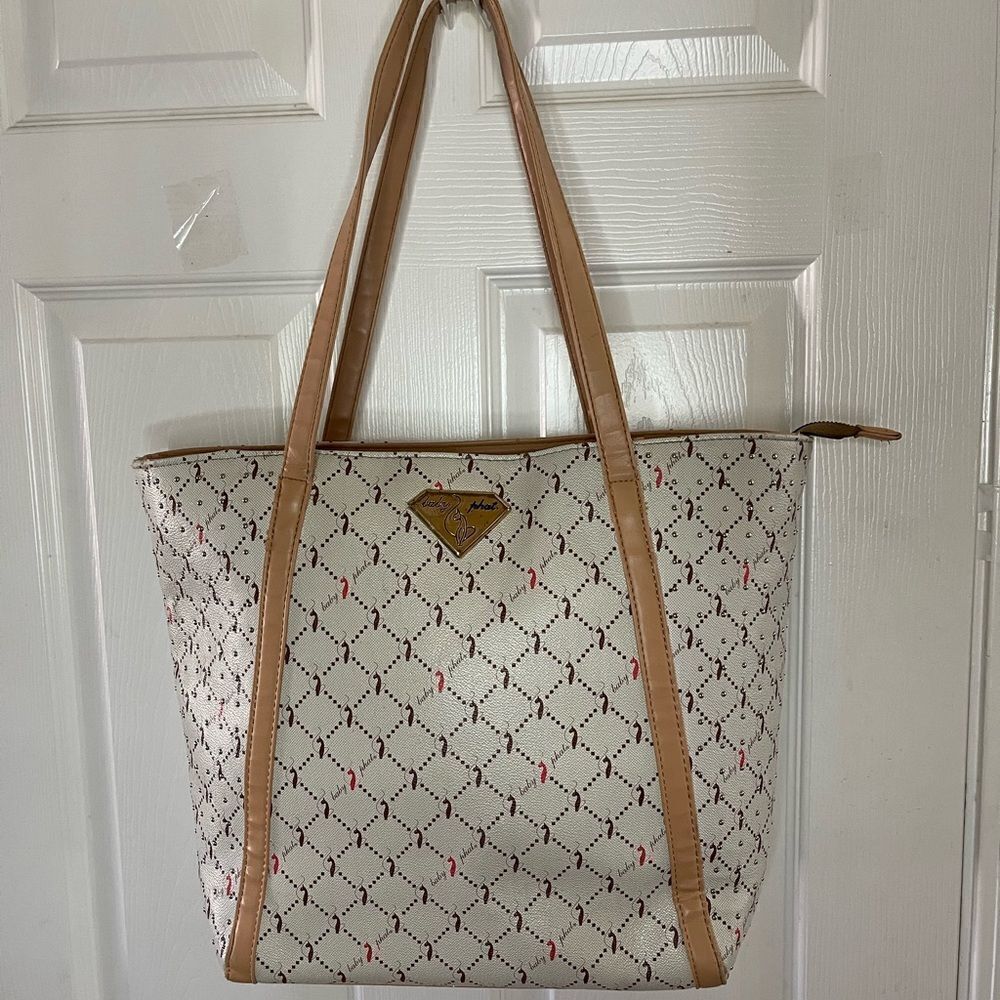 Babyphat beige logo brown & orange large tote with tan traps studs accents